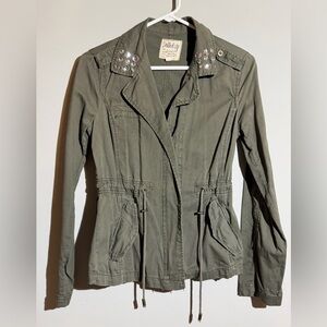 Dolled Up Olive Utility Jacket with Jeweled Collar Size Small